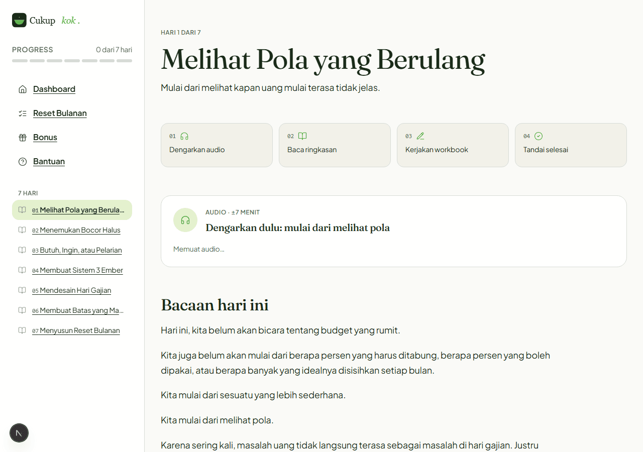 Tampilan program — Hari 1 dari 7: Melihat Pola yang Berulang, dengan audio refleksi dan workbook interaktif