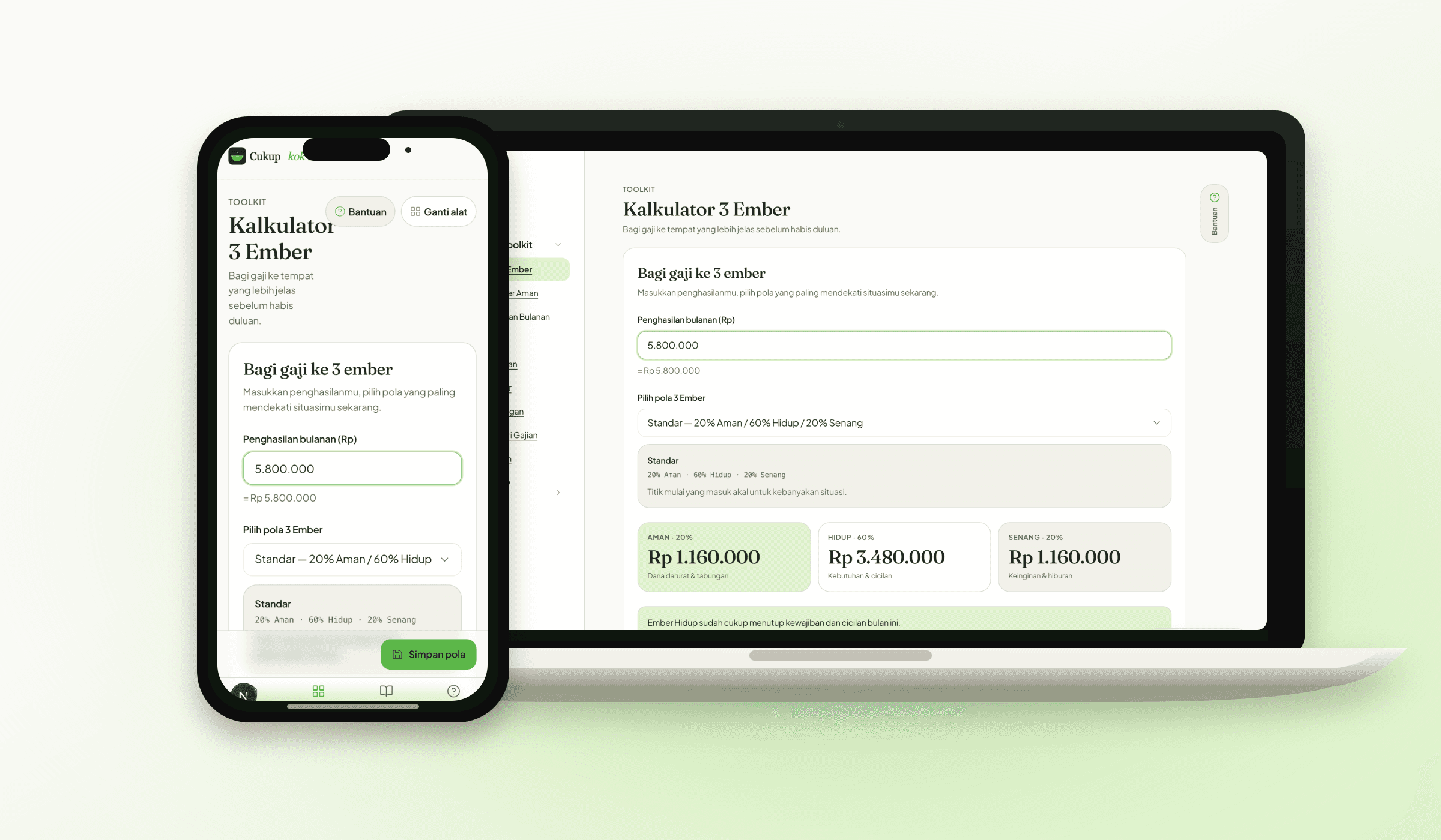 Mockup Sistem Budgeting Sadar Cukupkok di laptop dan handphone.